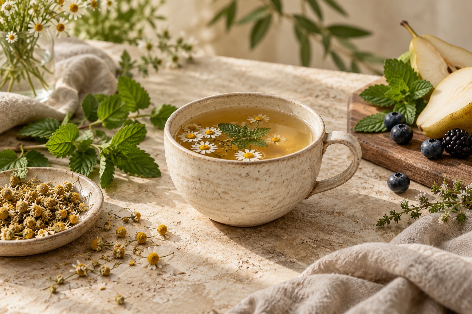Herbal tea, fresh mint, chamomile, pear, and berries on a linen-covered table